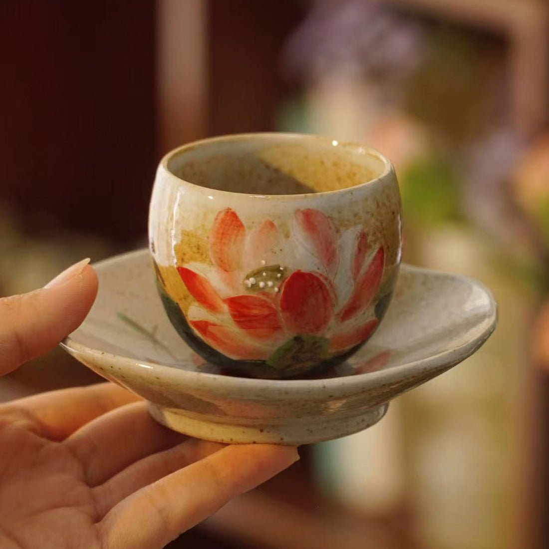 100% Handmade Painting Style Tea Set (Teacup + Dish)